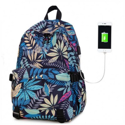 Female USB Charging Stylish Casual Floral Printing Backpack With Laptop Compartment