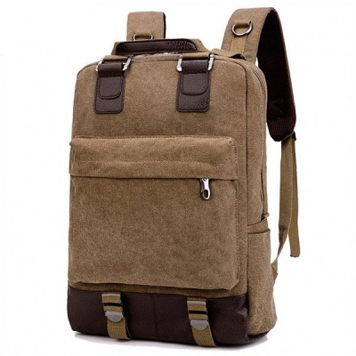 Leather Trimming Fashion Casual Vintage Canvas Laptop Backpack Day Rucksack For Men Boys