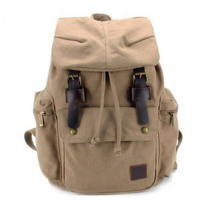 Leather Trimming Vintage Canvas Travelling Backpack College Student Laptop Day Rucksack